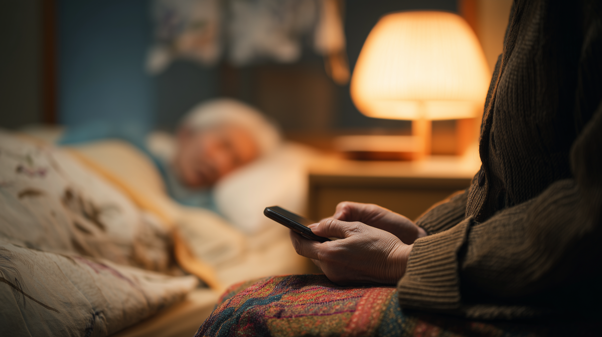 夜、布団のそばでスマートフォンを手に迷うご家族